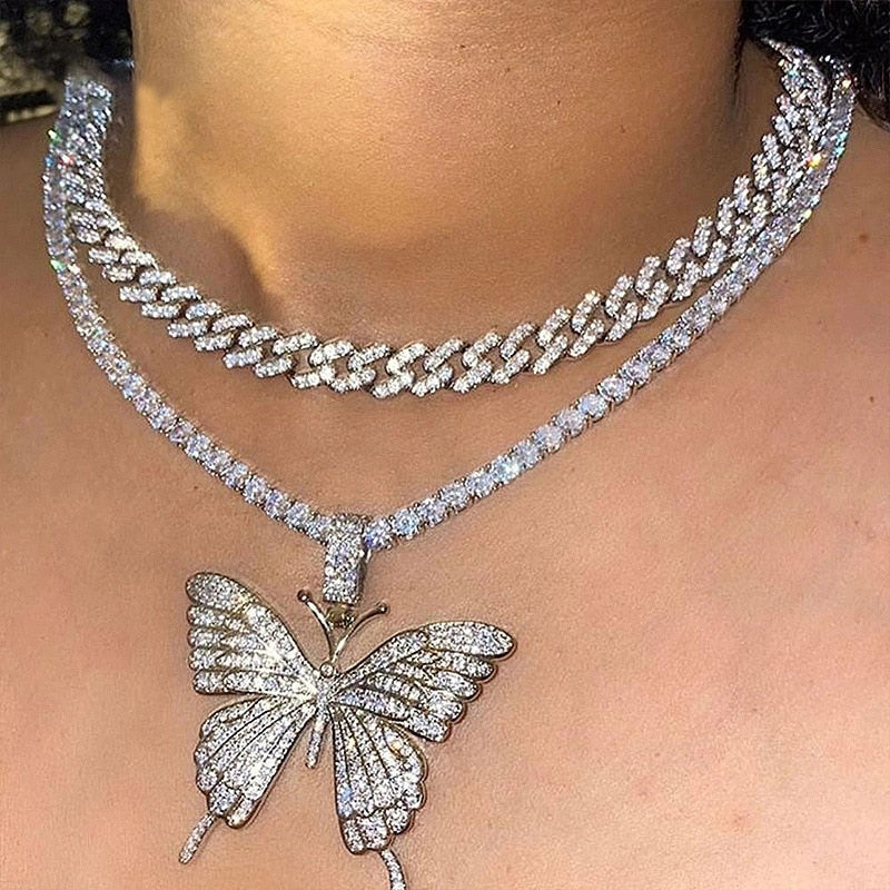 LATS Punk Cuban Big Butterfly Necklace
