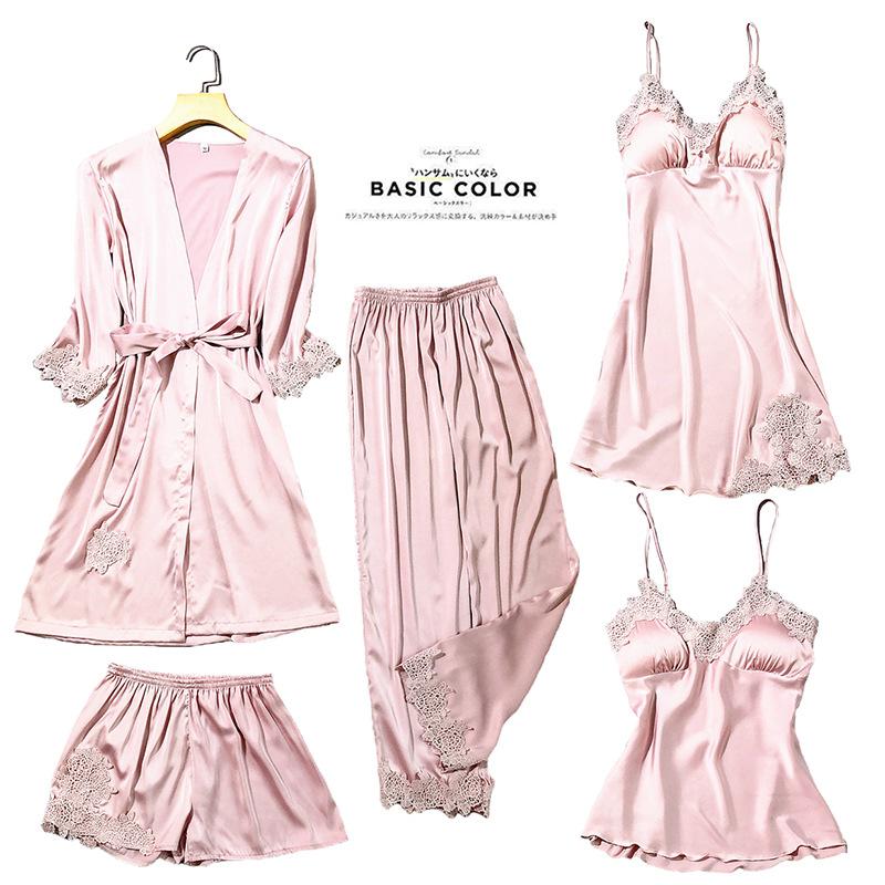 Satin Lace Pajamas Set Women Strap Top Pants Sleepwear Sleep Suit Spring Autumn Pyjamas Home Wear Nightwear Robe Gown M-XXL