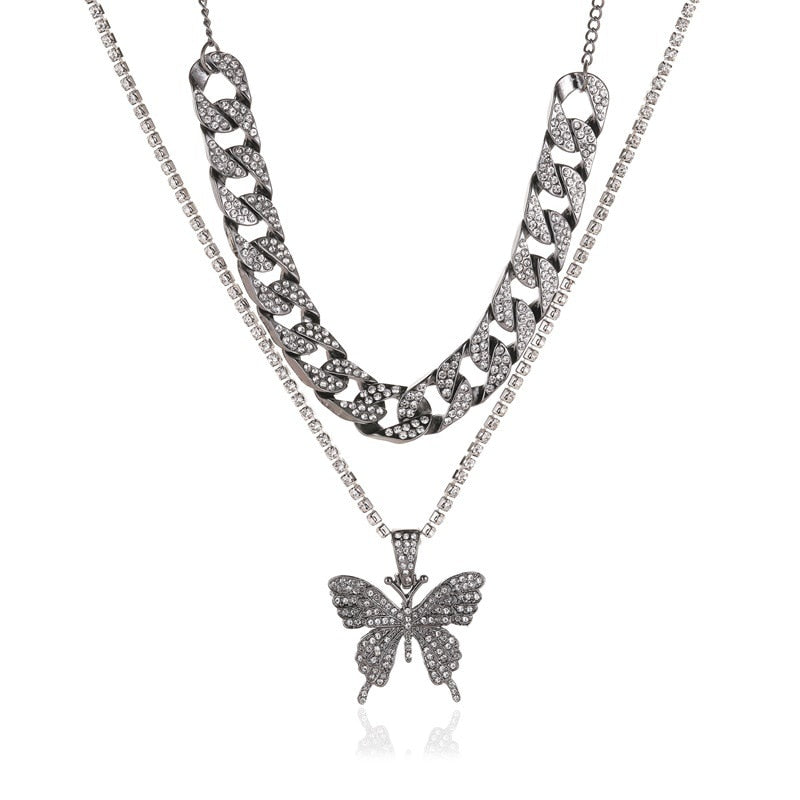 LATS Punk Cuban Big Butterfly Necklace