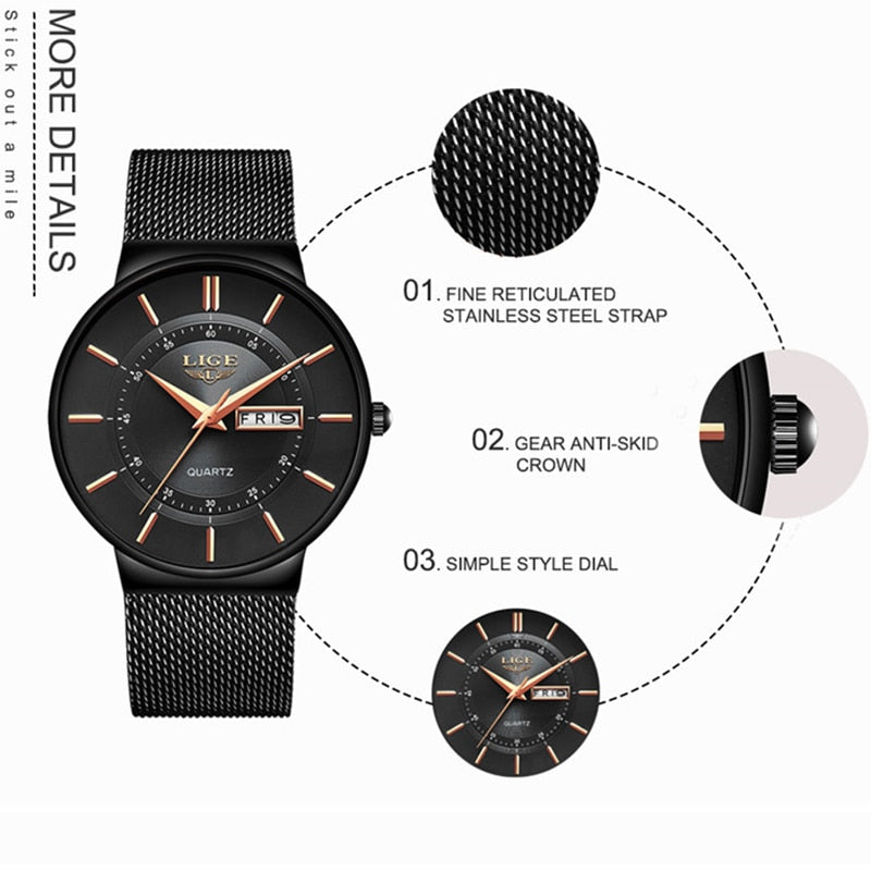 Mens Watches LIGE Waterproof Ultra Thin