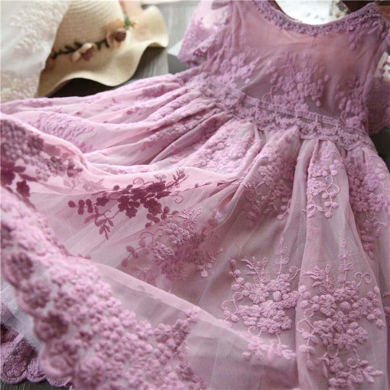 Girls Dress Embroidery Princess Party Autumn Spring Kids Children Clothes Elegant Purple And White 3-8T Lace Flower Girl Dresses