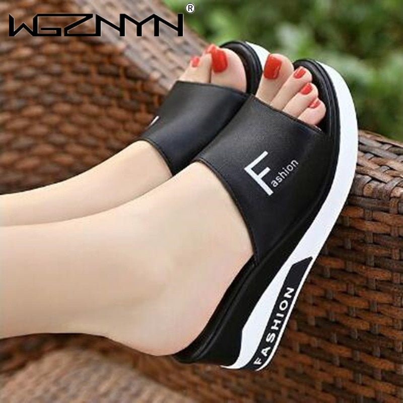 Leather Thick Sole Slippers Female